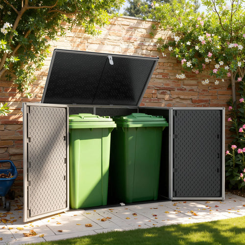 51 cu ft Outdoor Storage Shed, Resin Storage Cabinet with Door & Lock, Multi - Purpose Outdoor Shed for Garbage Cans, Garden Tools, Bikes, Easy to Assemble, Gray