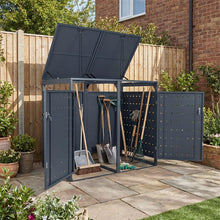 Load image into Gallery viewer, Outdoor Metal Garbage Bin Storage Shed for 2 Trash Cans, 44 Cu.Ft Double Trash Can Enclosure w/ Gas Struts &amp; Lockable Doors, Patio Garden Bin Cabinet