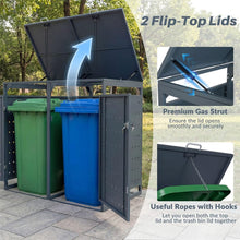 Load image into Gallery viewer, Outdoor Metal Garbage Bin Storage Shed for 2 Trash Cans, 44 Cu.Ft Double Trash Can Enclosure w/ Gas Struts &amp; Lockable Doors, Patio Garden Bin Cabinet